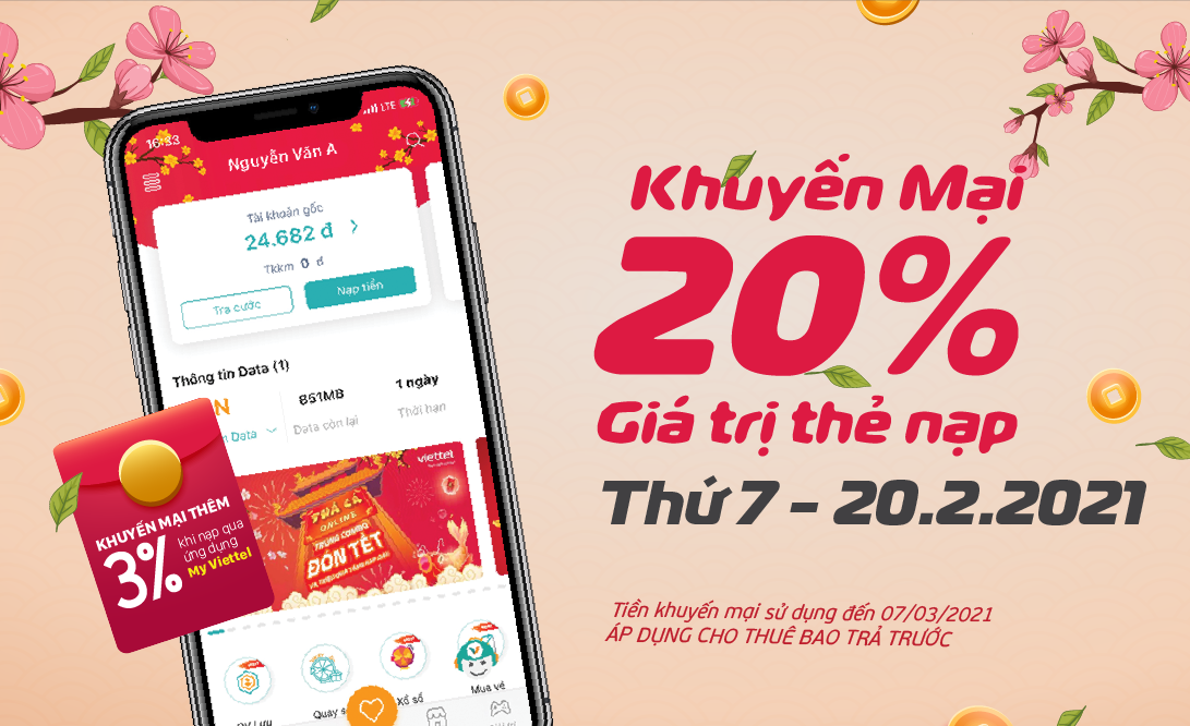 Khai xuân nạp thẻ - Nhận khuyến mại 20% giá trị thẻ nạp, chương trình duy nhất ngày 20/02/2021